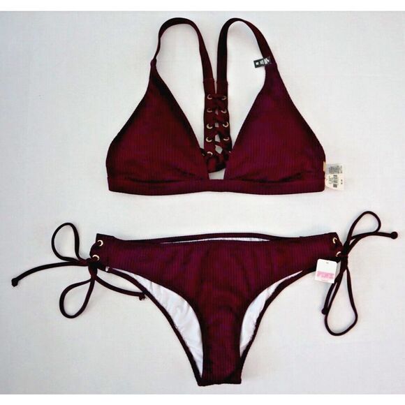 Pink x Victoria's Secret Swim Sz M Burgundy Lace-Up Top & Cheeky Bikini Set - Picture 5 of 12